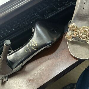 Prada Metallic Taupe Embellished Slide Heels